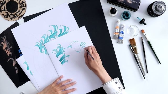 Каллиграфия плоской кистью круговая композиция, большой формат