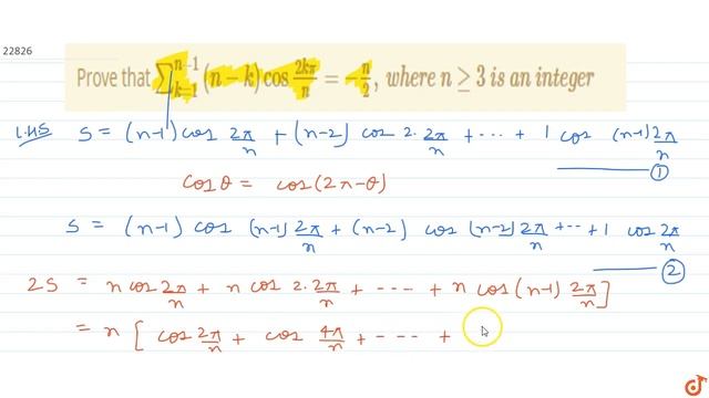 IIT JEE TRIGONOMETRIC FUNCTIONS Prove that 
`sum_(k=1)^(n-1)(n-k)cos(2kpi)/n=-n/2`, where`ngeq3`..