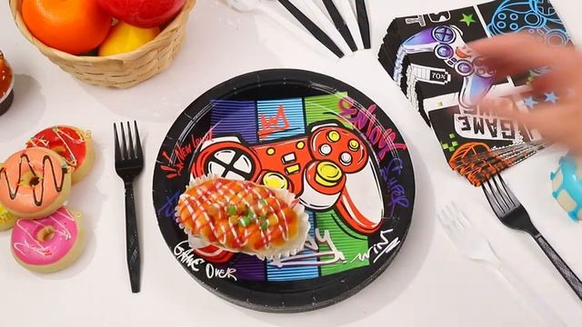 SCIONE 96 Pcs Video Game Paper Plates Disposable Dinnerware Sets