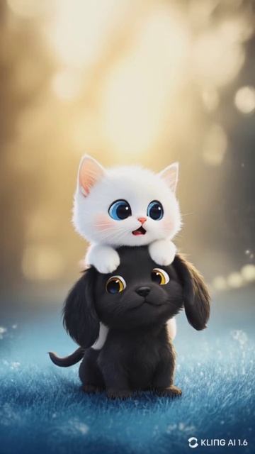 Мультик. Милый котенок и щенок играют