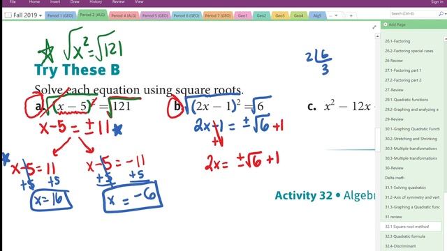 Algebra 32.1 period 2 solving square roots