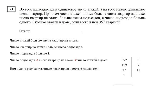 ЕГЭ. Математика. Базовый уровень. Задание 21. Во всех подъездах дома одинаковое число этажей, а на