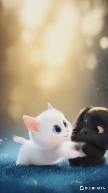 Мультик. Милый котенок и щенок играют