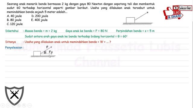 Seorang anak menarik benda bermassa 2 kg dengan gaya 80 Newton dengan sepotong tali dan membentuk..