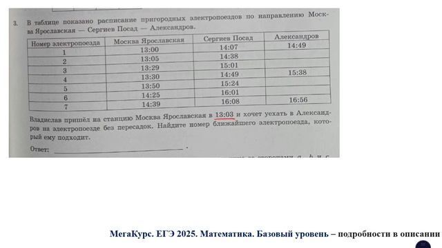 ЕГЭ. Математика. Базовый уровень. Задание 3. В таблице показано расписание пригородных электропоезд