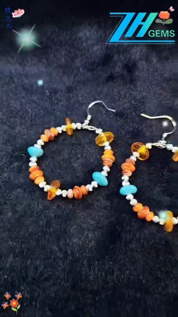 GN-20250312-03 Natural Orange spiny oyster amber and natural turquoise form gemstone earrings