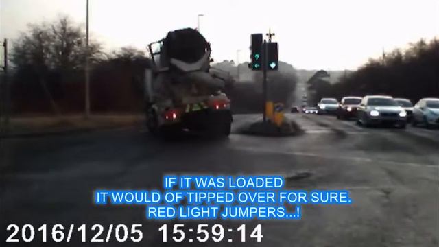 Cement Truck jumps red light,
