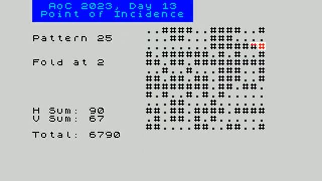 Advent of Code, Day 13, 2023 Visualized on ZX Spectrum [FUSE] (including tape loading)