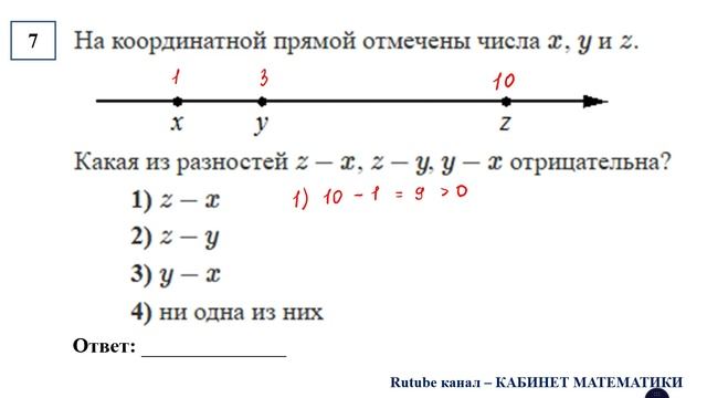 ОГЭ. Математика. Задание 7. На координатной прямой отмечены числа x, y и z. Какая из разностей