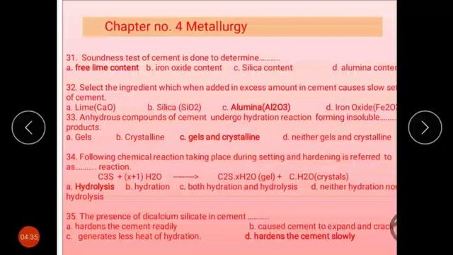 MCQ set 2 on metallurgy, cement and lime , refractories materials