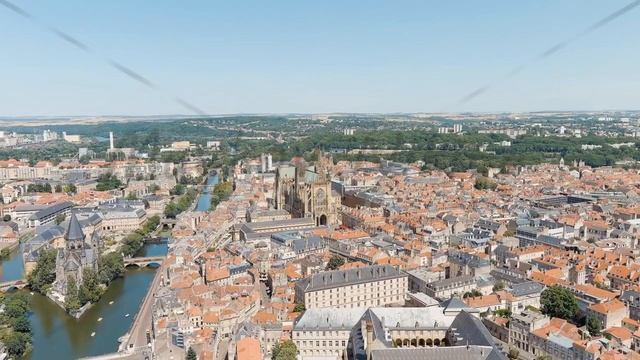 Metz, France. Metz Cathedral. View of the historical city center. Summer, Sunny day, Aerial View