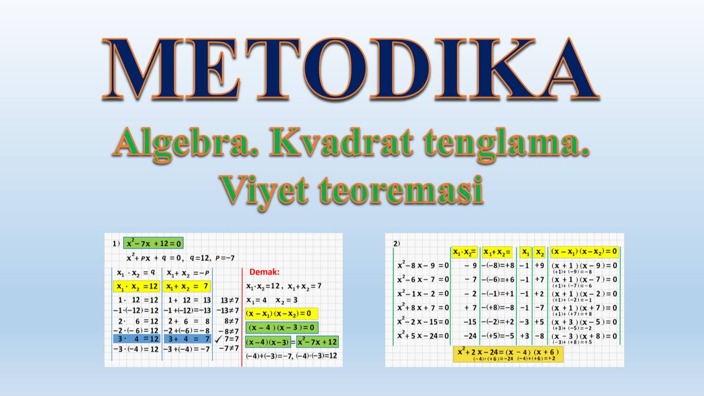 Metodika. Algebra. Kvadrat tenglama. Viyet teoremasi.