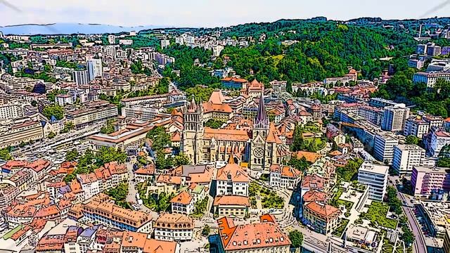 Color sketch in cartoon style. Lausanne, Switzerland. Cathedral of Lausanne. La Cite is a district