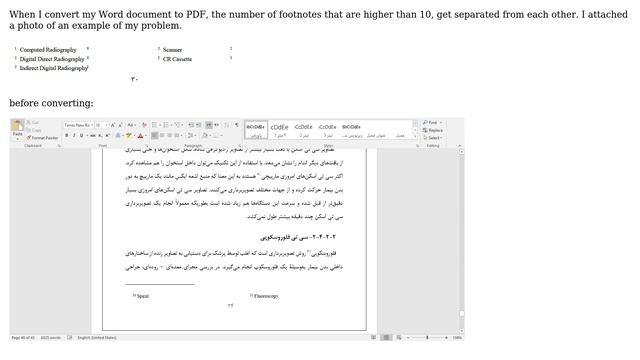 Separation of footnote numbers when I convert my Word document to PDF