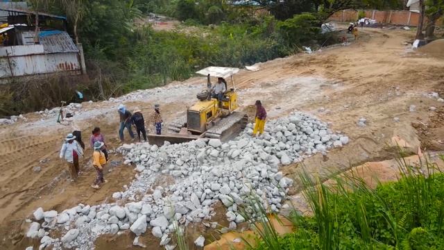 Amazing New Project ,Talent Operator Bulldozer Clearing Cement Stone, Sand into Water Build Road