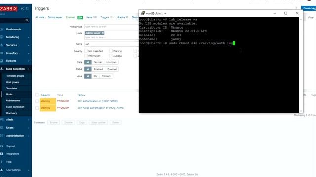 Мониторинг попыток подключения по ssh к серверу zabbix