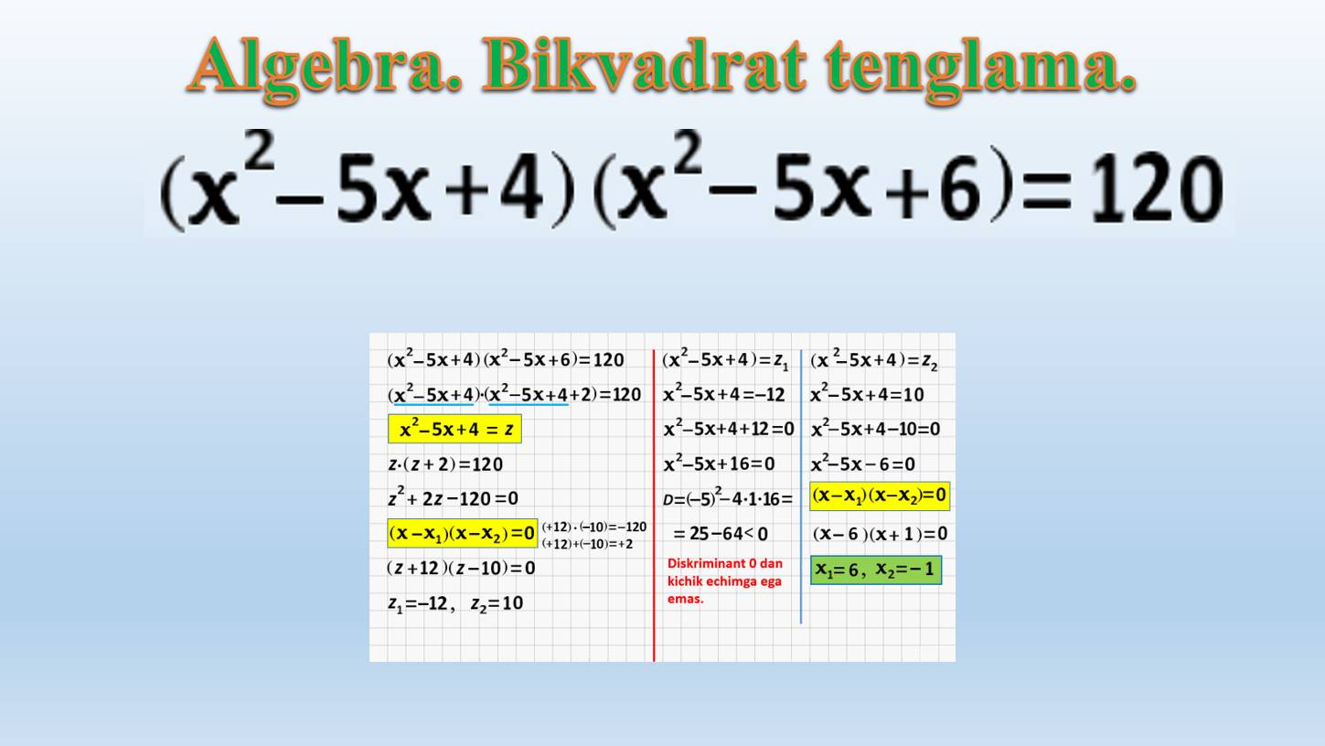 Algebra. Bikvadrat tenglama. (x²-5x+4)(x²-5x+6)=120