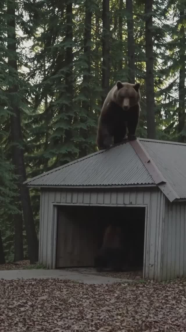 Медведь забрался на крышу