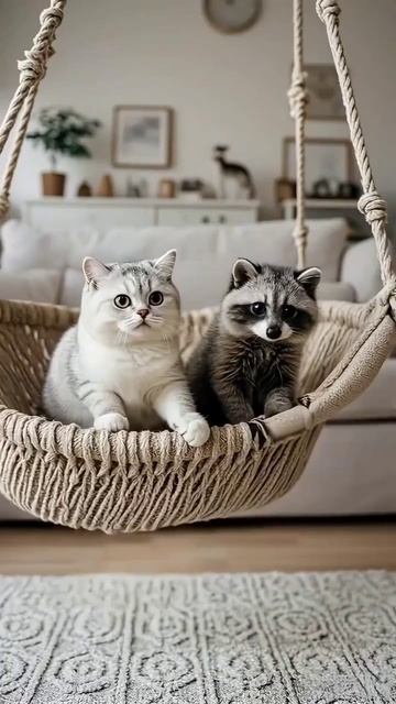 Котик нашёл себе друга енота