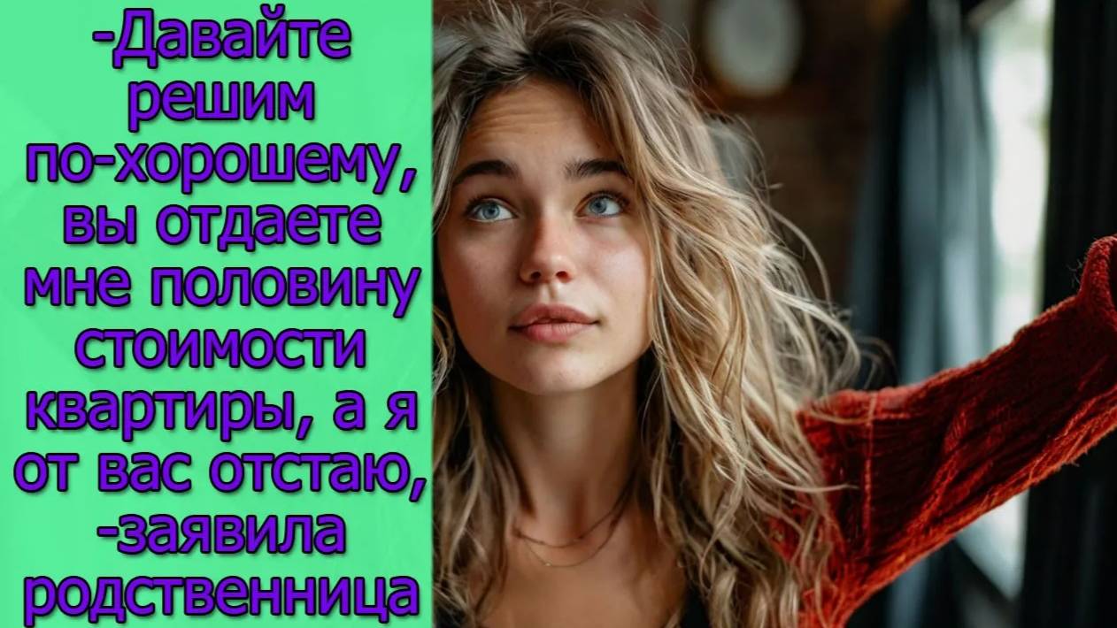 Давайте решим по хорошему.Вы отдаете мне половину стоимости квартиры а я от вас отстаю,заявила...