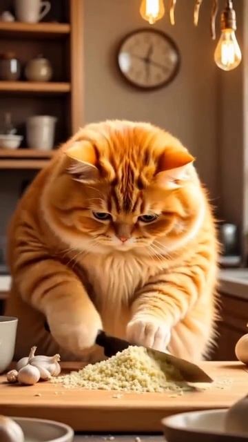 Рыжий котик для своей киски приготовил салат