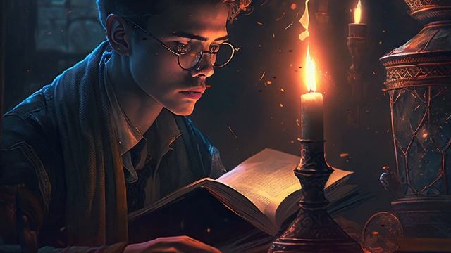 imagine you are studying in an ancient library at night while it is raining outside [MAGIC MUSIC]