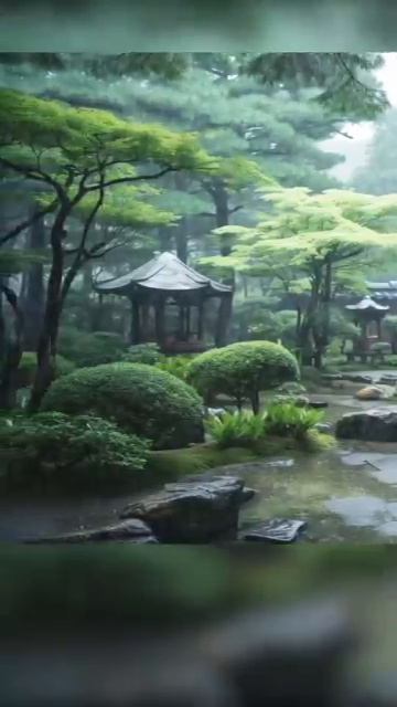 Japanese garden in rainy season