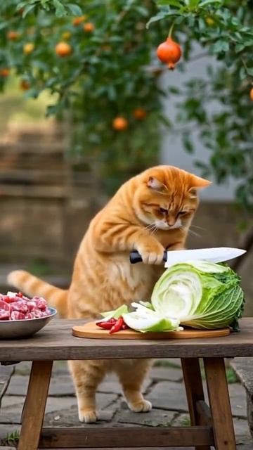 Рыжий котик готовит из овощей