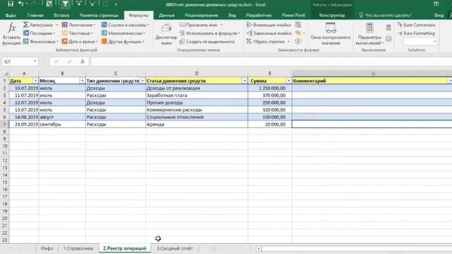 Отчёт о движении денежных средств в Excel
