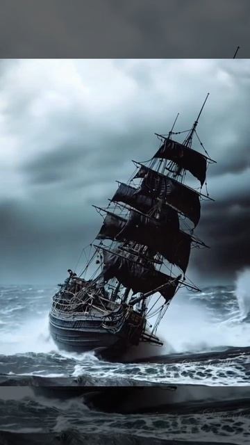 Парусный фрегат с чёрными парусами в шторме ⛵🌊