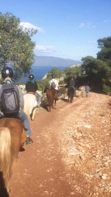 Winter horse trek to Agia Marina chapel on Hydra island Greece