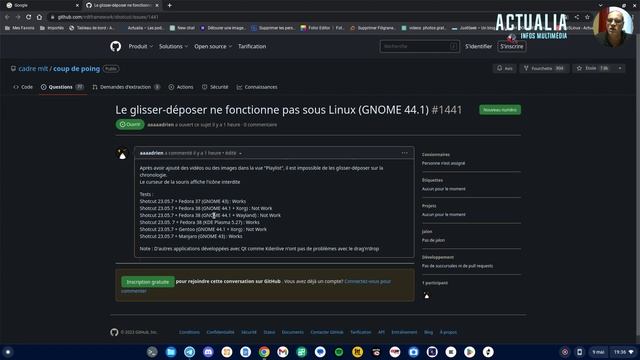 Linux, conclusion sur le bug de Shotcut et Gnome 44.1