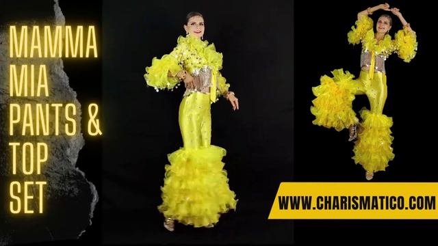CHARISMATICO Brilliant Yellow 70s Abba Mamma Mia Disco Ruffled Bell Bottom Pants And Top