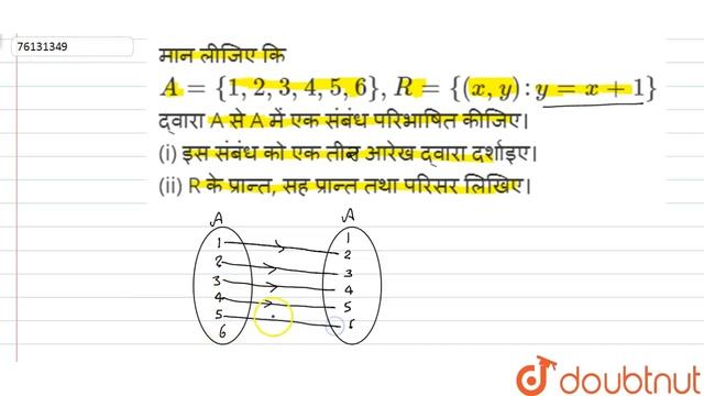 मान लीजिए कि `A = {1, 2, 3, 4, 5, 6}, R = {(x, y) : y = x + 1}` द्वारा A से A में एक संबंध परिभाषित