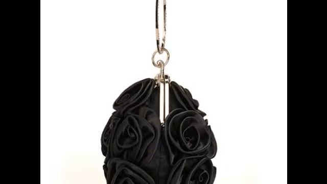 Black Satin Rosette Wedding/Evening Cockail Clutch Purse Wristlet Ring Handle Bag