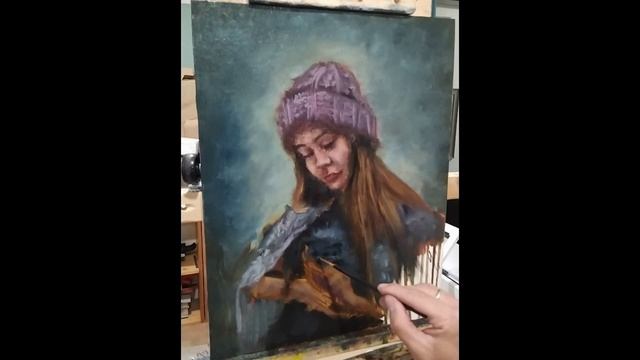 "Алёнка с котёнком". Процесс написания картины маслом в одной минуте