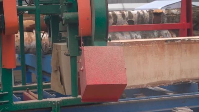 Ленточная пилорама с автоматической подачей бревен на станок и гидравлическим кантованием.