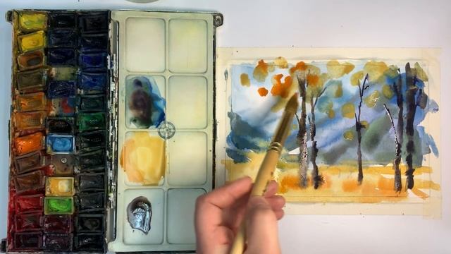 Пейзаж по-сырому акварелью