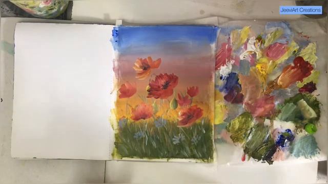 Poppy and daisy sunset scenery Painting   | step by step acrylic tutorial | Easy Acrylic Painting