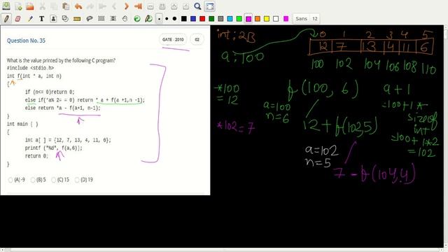 GATE 2010 CS/IT C PROGRAMMING| int f(int*a, int n) int a[]={12,7,13,4,11,6}; | return *a +f(a+1,n-1