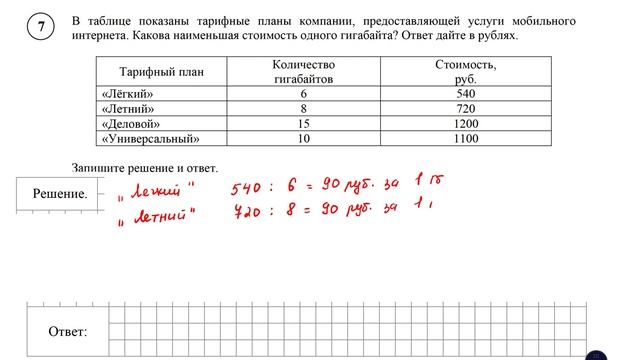 ВПР. Математика. 5 класс. В таблице показаны тарифные планы компании, предоставляющей услуги мобильн