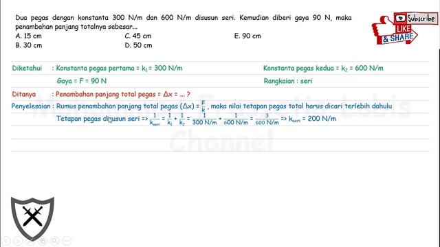 Dua pegas dengan konstanta 300 N/m dan 600 N/m disusun seri. Kemudian diberi gaya 90 N, maka ...
