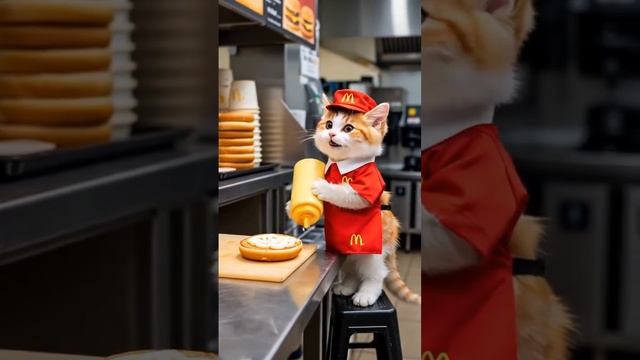 Котёночек работает в Макдональдсе. 😺😍🎉