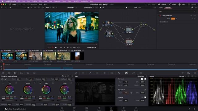 Davinci Resolve Color Grade with Color Generators and VIVID light blend mode (Teal Orange look)