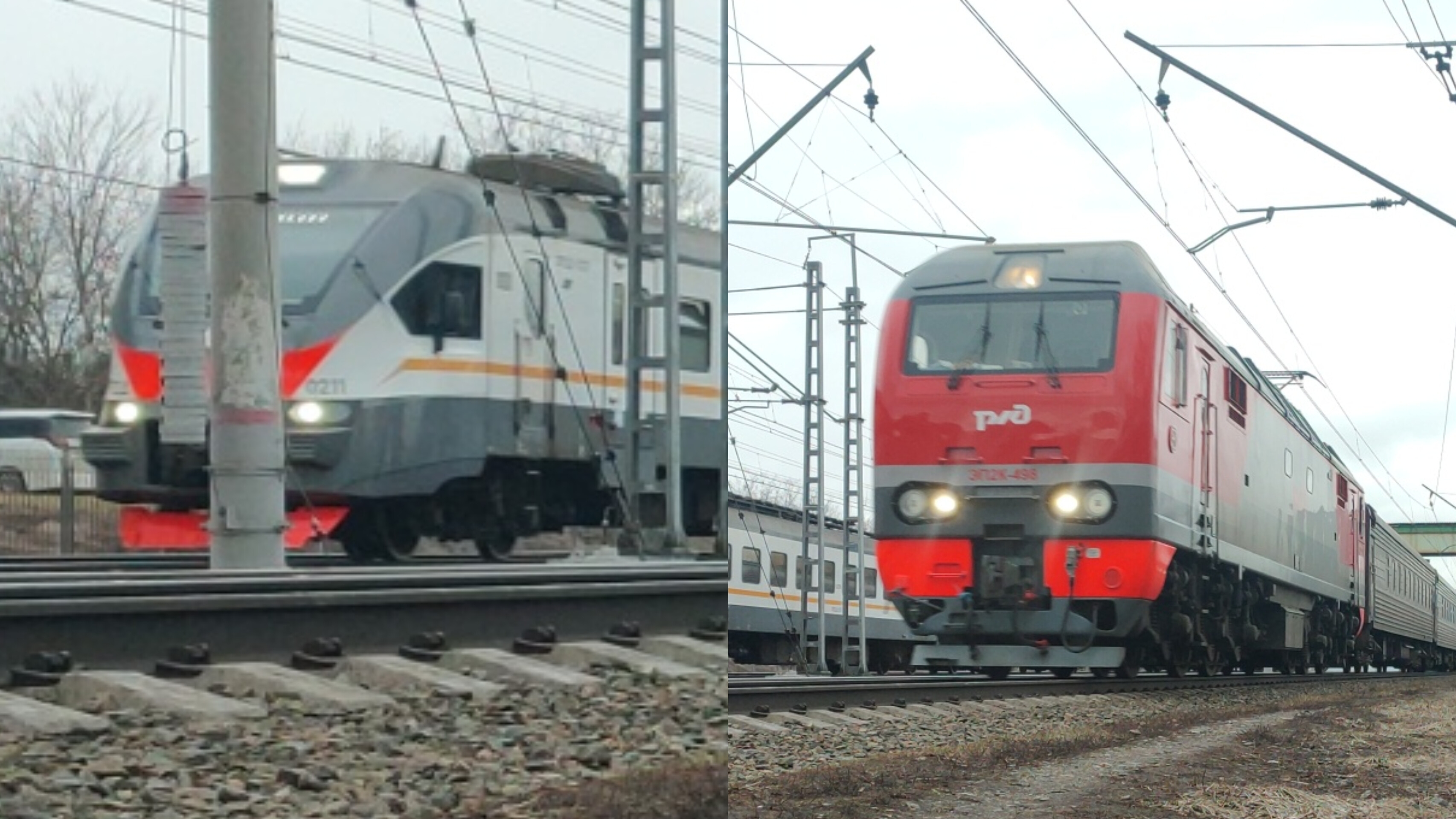 Электропоезд ЭП2Д-0211 и Электровоз ЭП2К-498 на станции Косино | Мартовский пасмурный день