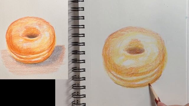 Пончик аппетитный. Как нарисовать цветными карандашами