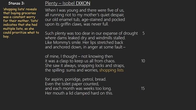 Plenty — Isobel DIXON: Detailed Analysis and Video Annotation