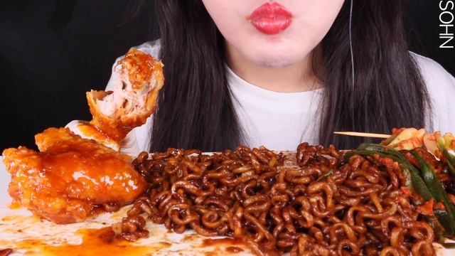ASMR RECIPE *SPICY GARLIC CHICKEN, BLACK BEEN NOODLE, KIMCHI*꿀조합 만들기! 페리카나 양념치킨,짜파게티,파김치 먹방 MUKBANG