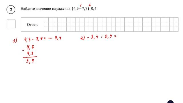 ВПР. Математика. 7 класс. Задание 2. Найдите значение выражения (4,3− 7,7) : 0,4.