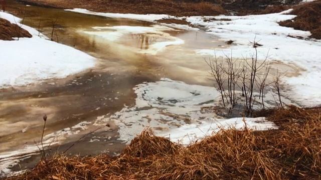 Весенний водоворот на холодной весенней реке со льдом. Спокойствие природы.
